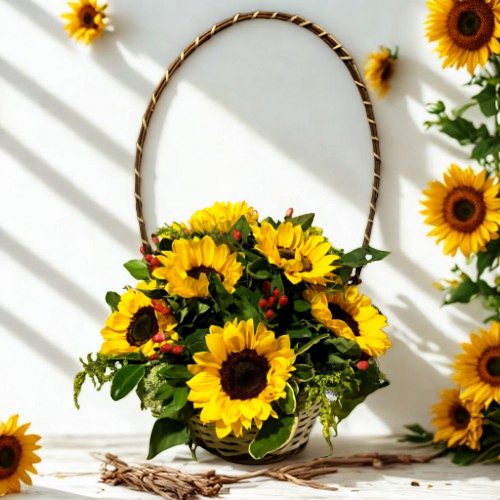 Floral Basket with 12 Sunflowers