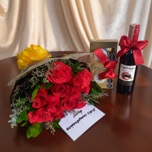 Bouquet of Roses, Wine and Chocolates