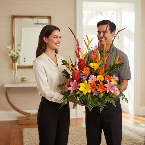 Mujer y hombre sonriendo mientras sostienen un gran arreglo floral tropical de colores vivos en una sala de estar moderna