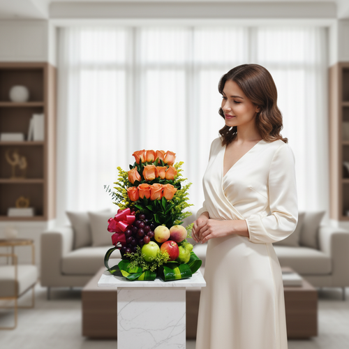 Mujer joven con vestido blanco observando un arreglo de rosas naranjas y frutas variadas sobre pedestal de mármol en una sala de estar moderna y luminosa
