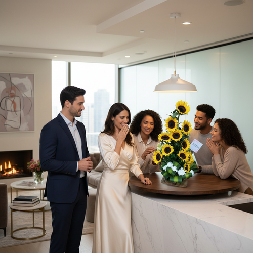 Mujer con vestido satinado claro recibe un arreglo de girasoles de un grupo de amigos alrededor de una mesa redonda en una sala de estar moderna