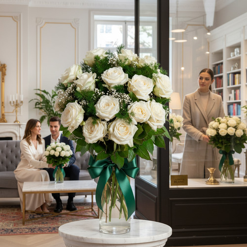 Gran ramo de rosas blancas con lazo verde en jarrón de cristal sobre mesa redonda, con pareja sentada al fondo y mujer de pie junto a un escaparate en una sala elegante