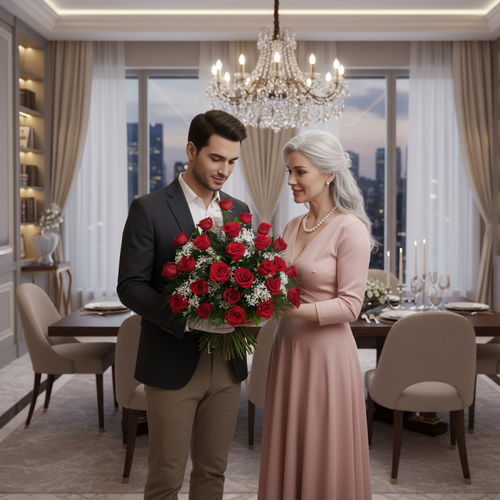 Hombre joven con traje oscuro entrega un gran ramo de rosas rojas a una mujer mayor de cabello canoso y vestido rosa, en un comedor lujoso con mesa puesta y lámpara de araña