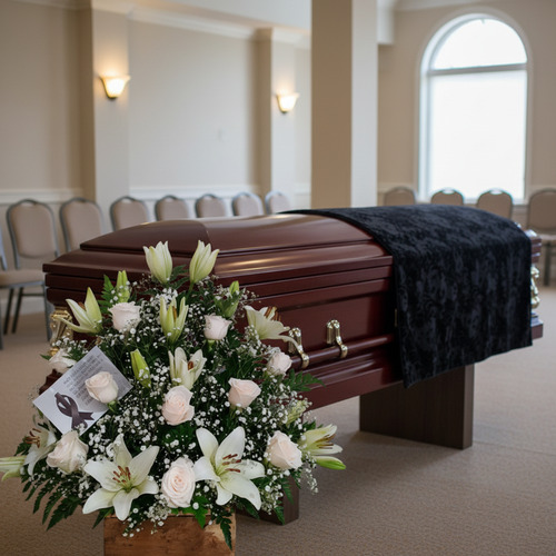 Ataúd de madera pulida con manto negro y gran arreglo de flores blancas y rosas en una sala de velatorio luminosa