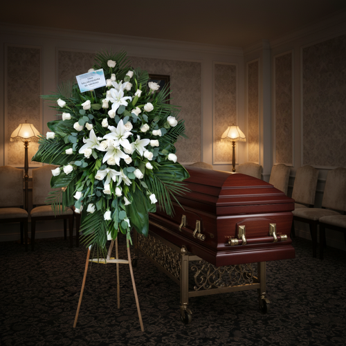 Arreglo floral fúnebre de flores blancas sobre caballete al lado de un ataúd de madera barnizada en una sala de velatorio