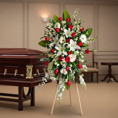 Corona funeraria de pie con rosas rojas, lirios y margaritas blancas junto a un ataúd de madera en una sala velatoria