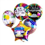 Conjunto de globos metalizados de cumpleaños con diseños coloridos y mensajes de feliz cumpleaños