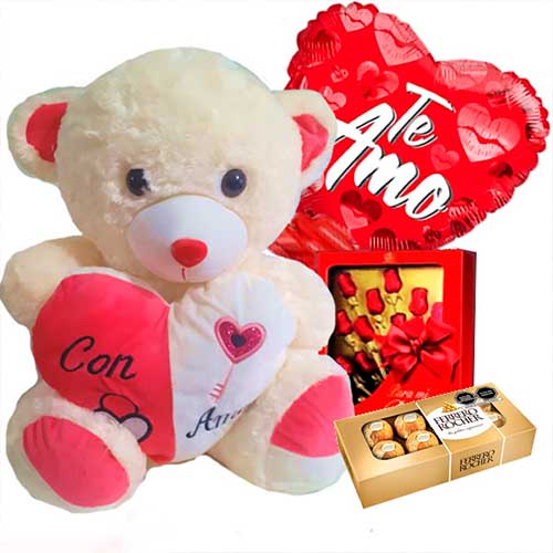 Osito de peluche con corazón que dice con amor, globo rojo en forma de corazón con texto te amo, caja de chocolates y trufas como set de regalo romántico