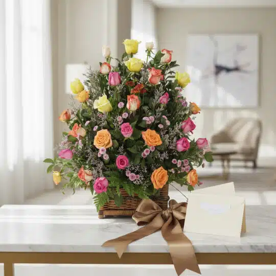 Arreglo floral DONNIA con 34 rosas de colores variados (rosas, amarillas, naranjas) en una cesta de mimbre, sobre una mesa de