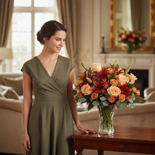 Mujer elegante admirando un arreglo floral ALESSANDRA con rosas naranjas, lirios rojos y eucalipto en un jarrón de cristal, s