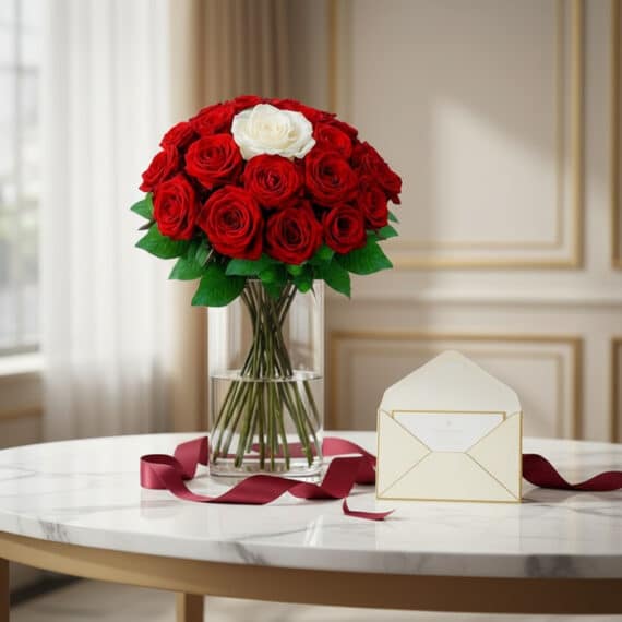 Arreglo floral ALESSIA con 23 rosas rojas y 1 rosa blanca central en jarrón de cristal, sobre mesa de mármol con tarjeta de r