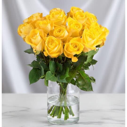 Arreglo floral Elisabetta con 18 rosas amarillas frescas en un jarrón de cristal, ideal para expresar amistad y gratitud.