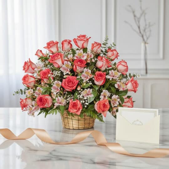 Arreglo floral Emilia con 32 rosas blush frescas, alstroemerias y follaje en cesta de mimbre, sobre mármol con tarjeta y cint