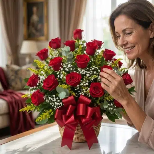 Mujer elegante admirando con deleite un Arreglo Floral Escarlata, un cesto de rosas rojas con follaje verde y lazos rojos, en