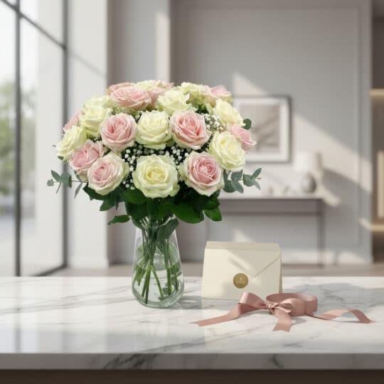 Arreglo Floral Evelin con 22 rosas blancas y rosadas en jarrón de cristal, tarjeta de regalo y cinta de satén sobre mármol.
