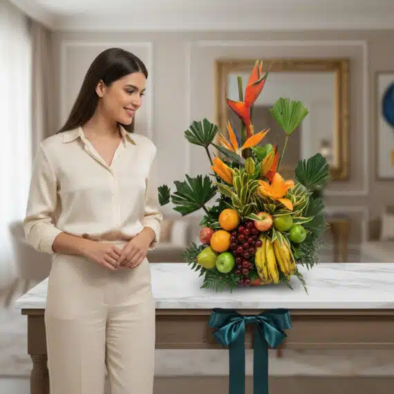 Mujer elegante admirando un Arreglo Floral con Frutas Alfa, destacando flores exóticas, frutas frescas y un moño verde en un