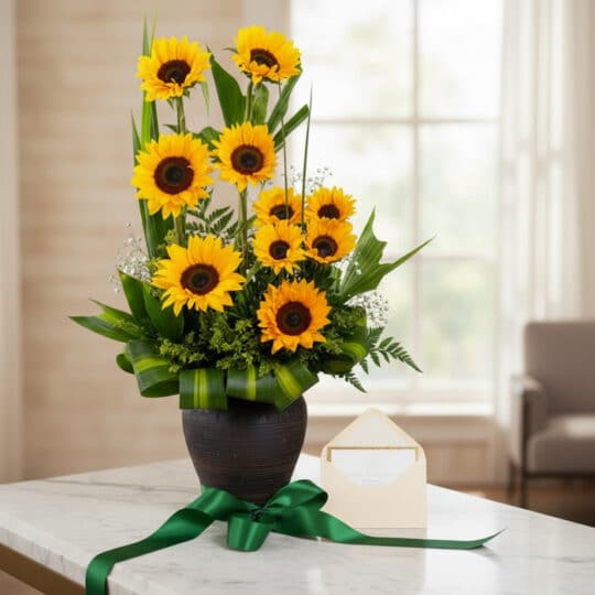 Arreglo floral GIULIANA con girasoles radiantes en jarrón oscuro, sobre mármol, con tarjeta de regalo y cinta verde satinada,