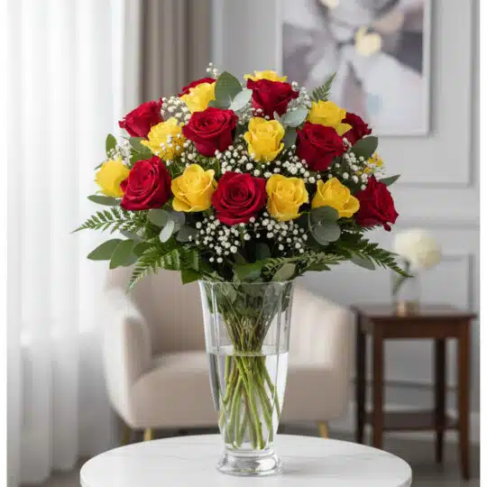 Arreglo floral LORENZA con 24 rosas rojas y amarillas en un jarrón de cristal, sobre una mesa blanca con fondo elegante y luz