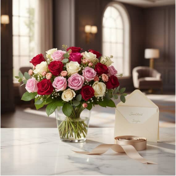 Arreglo floral LUCREZIA con 30 rosas rojas, rosadas y blancas en jarrón de cristal, sobre mármol, con tarjeta de regalo y cin