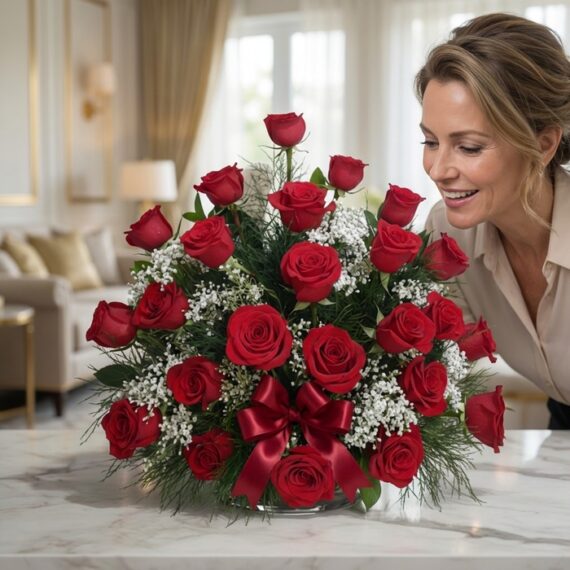 Mujer elegante admirando con deleite un arreglo floral de rosas rojas, follaje verde y flores blancas, con un moño rojo, en u
