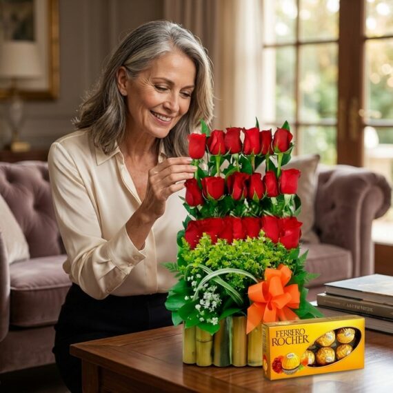 Mujer elegante de mediana edad admirando el Arreglo Floral Musca con rosas rojas y follaje verde, junto a una caja de chocola