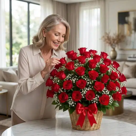 Mujer elegante de mediana edad admirando un gran arreglo floral de rosas rojas en una cesta con un lazo rojo, en un lujoso in