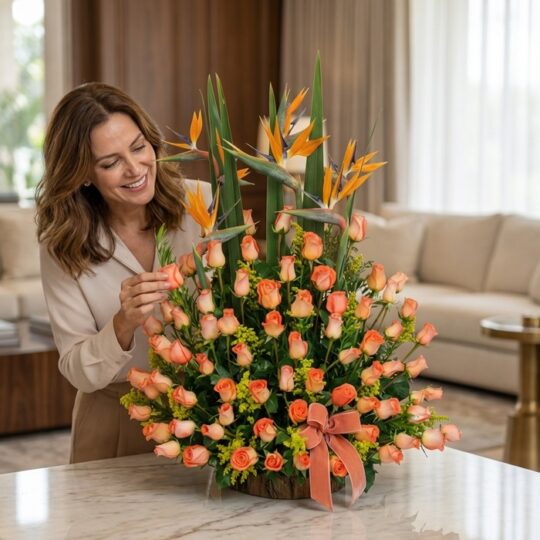 Mujer de mediana edad, elegante y sonriente, admira un gran arreglo floral de rosas durazno y aves del paraíso en un lujoso s