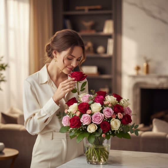 Mujer elegante admirando y oliendo un Arreglo Floral LUCREZIA con 30 rosas rojas, rosadas y blancas en un jarrón de cristal,