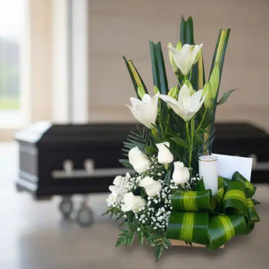 Arreglo floral fúnebre Claridad con lirios y rosas blancas, vela y tarjeta, en sala de velación moderna con ataúd al fondo.