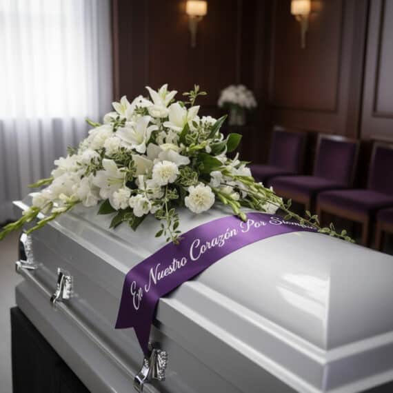 Arreglo floral cubre caja Asunción con lirios y claveles blancos, cinta morada con mensaje 'En Nuestro Corazón Por Siempre' e
