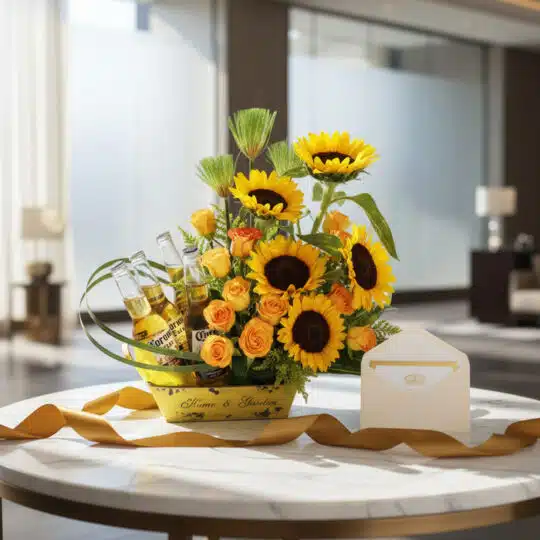Arreglo floral con girasoles vibrantes, rosas amarillas y cervezas Corona en una base amarilla, acompañado de una tarjeta de
