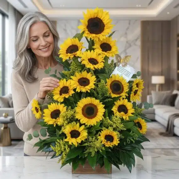 Mujer de mediana edad, elegante y de cabello gris, sonriendo y admirando un gran arreglo floral de girasoles radiantes en un