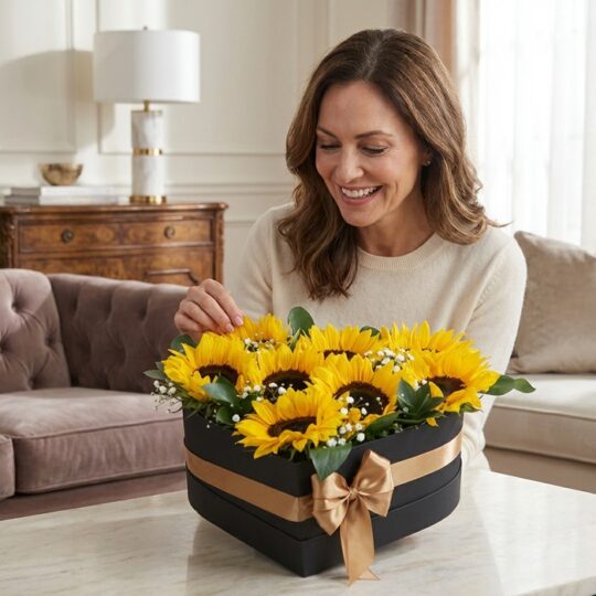Mujer sonriente admirando un arreglo floral en forma de corazón con girasoles vibrantes y un moño dorado, en un entorno de ho