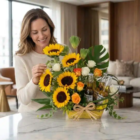 Mujer sonriente y elegante admirando de cerca el Arreglo con Girasoles Temis, que incluye girasoles, rosas y cervezas, en un