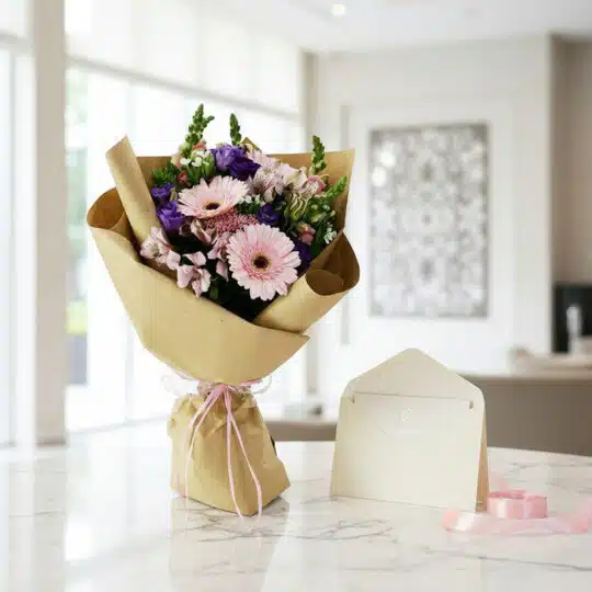 Bouquet CARINA con gerberas y astromelias rosadas, envuelto en papel kraft, sobre mesa de mármol con tarjeta de regalo y cint