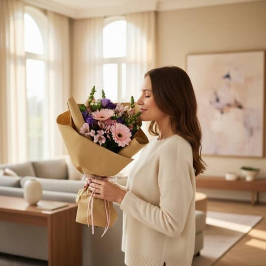 Mujer joven y elegante con suéter crema, ojos cerrados, sonriendo mientras huele un hermoso bouquet floral CARINA de gerberas
