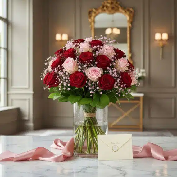 Bouquet ELETRA con 20 rosas rojas y rosadas, envuelto en cinta de satén rosa y tarjeta de regalo, sobre mármol en un lobby el