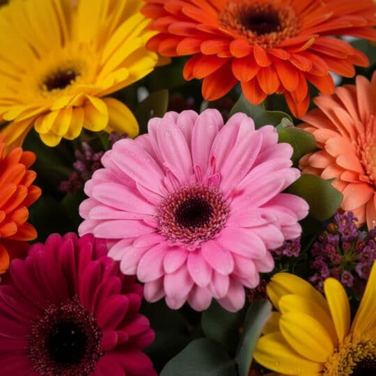 Primer plano extremo de un ramo de gerberas multicolor (rosa, naranja, amarillo, fucsia) con gotas de rocío, resaltando textu