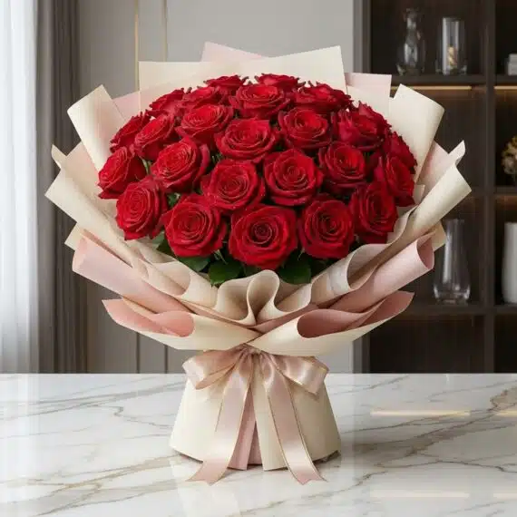 Bouquet Giordana con 24 rosas rojas frescas y abiertas, envuelto en papel coreano beige y rosa, atado con un lazo de seda, so