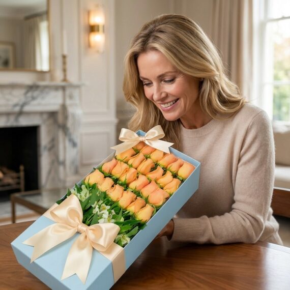 Mujer rubia de mediana edad sonriendo y admirando una caja rectangular azul claro con 24 rosas salmón frescas y follaje verde