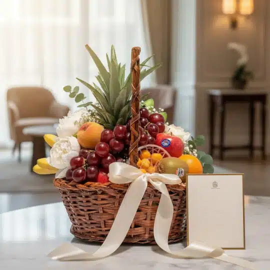 Canasta de mimbre con frutas frescas como uvas, piña, manzanas, duraznos, kiwi y naranjas, decorada con flores blancas y euca