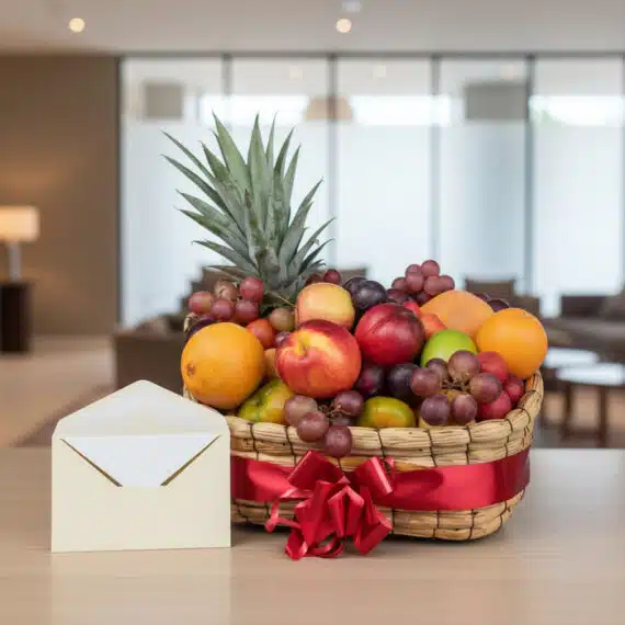 Canasta de Frutas Musca con piña, uvas, manzanas, naranjas y ciruelas, presentada con una tarjeta de regalo y cinta roja en u