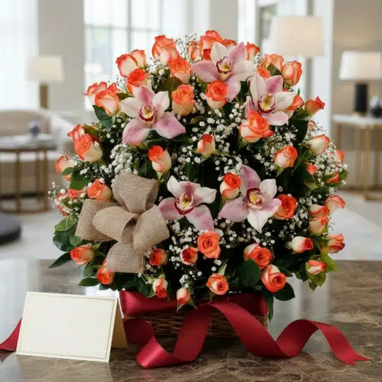 Canasta de rosas y orquídeas en tonos salmón y rosa, con gypsophila y un lazo de yute, sobre una mesa de mármol con una cinta