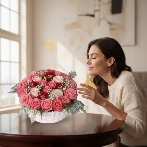 Mujer elegante admirando y oliendo una Cesta de Rosas Felicia con 21 flores bicolor (rosas y blancas) en un entorno de hogar