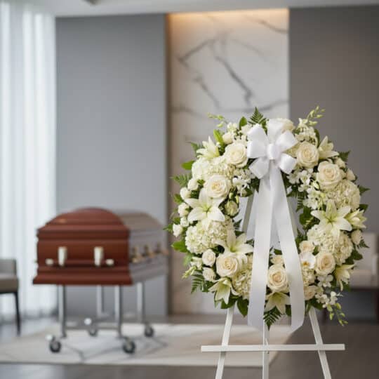 Corona fúnebre Almudena de flores blancas (rosas, lirios, hortensias) con lazo blanco, en sala de velación moderna con ataúd