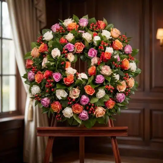 Corona fúnebre Atalia con rosas blancas, naranjas y moradas, bayas rojas, sobre caballete de madera en sala de velación premi