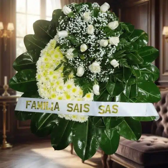 Corona Fúnebre Descansa en Paz: Elegancia y Respeto en un Arreglo Floral Corona fúnebre Descansa en Paz con rosas blancas y crisantemos amarillos, cinta personalizada, en sala de velación premium co