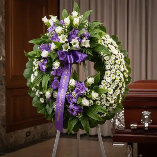 Corona fúnebre 'Homenaje a Daniel' con flores blancas y moradas, cinta morada con mensaje, en sala de velación elegante junto