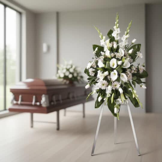 Corona fúnebre Homenaje Guadalupe con lirios blancos, gladiolos y calas, en sala de velación moderna con ataúd desenfocado al