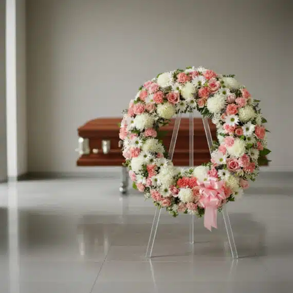Corona fúnebre Homenaje a Jesús con flores blancas y rosas, presentada en una sala de velación moderna con un ataúd sobrio al